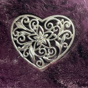 Vintage 925 Silver Open Work Heart Shape Brooch Pin
